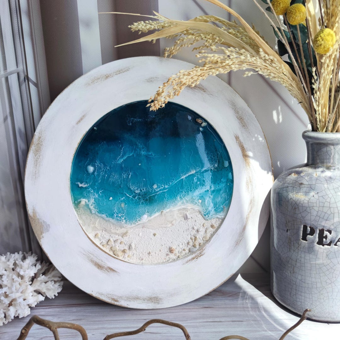Resin Beach Art Wall Hanging 3D Epoxy Wave Sea Painting, Round Ocean ...