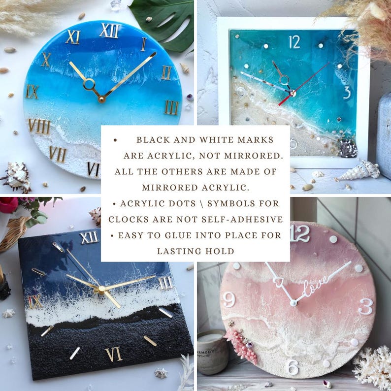 Peut inclure: Un collage de quatre horloges d&eacute;coratives avec des motifs sur le th&egrave;me de l'oc&eacute;an. Les horloges pr&eacute;sentent de la r&eacute;sine bleue, blanche et noire avec des chiffres et des aiguilles dor&eacute;s ou blancs. Le texte de l'image indique que les marques noires et blanches sont en acrylique, non miroir.
