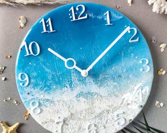 May include: A round clock with a blue and white ocean wave design. The clock face has white numbers and hands. The clock is 30 cm in diameter.