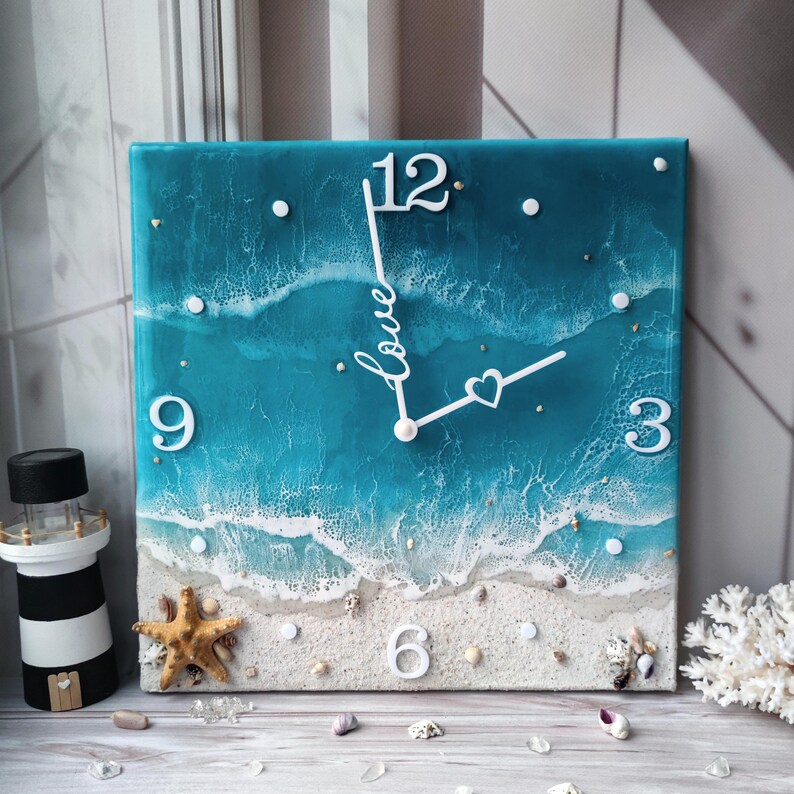Beach Resin Wall Clock, Coastal Wall Art Decor, Ocean Nursery Decor Family Gift image 4