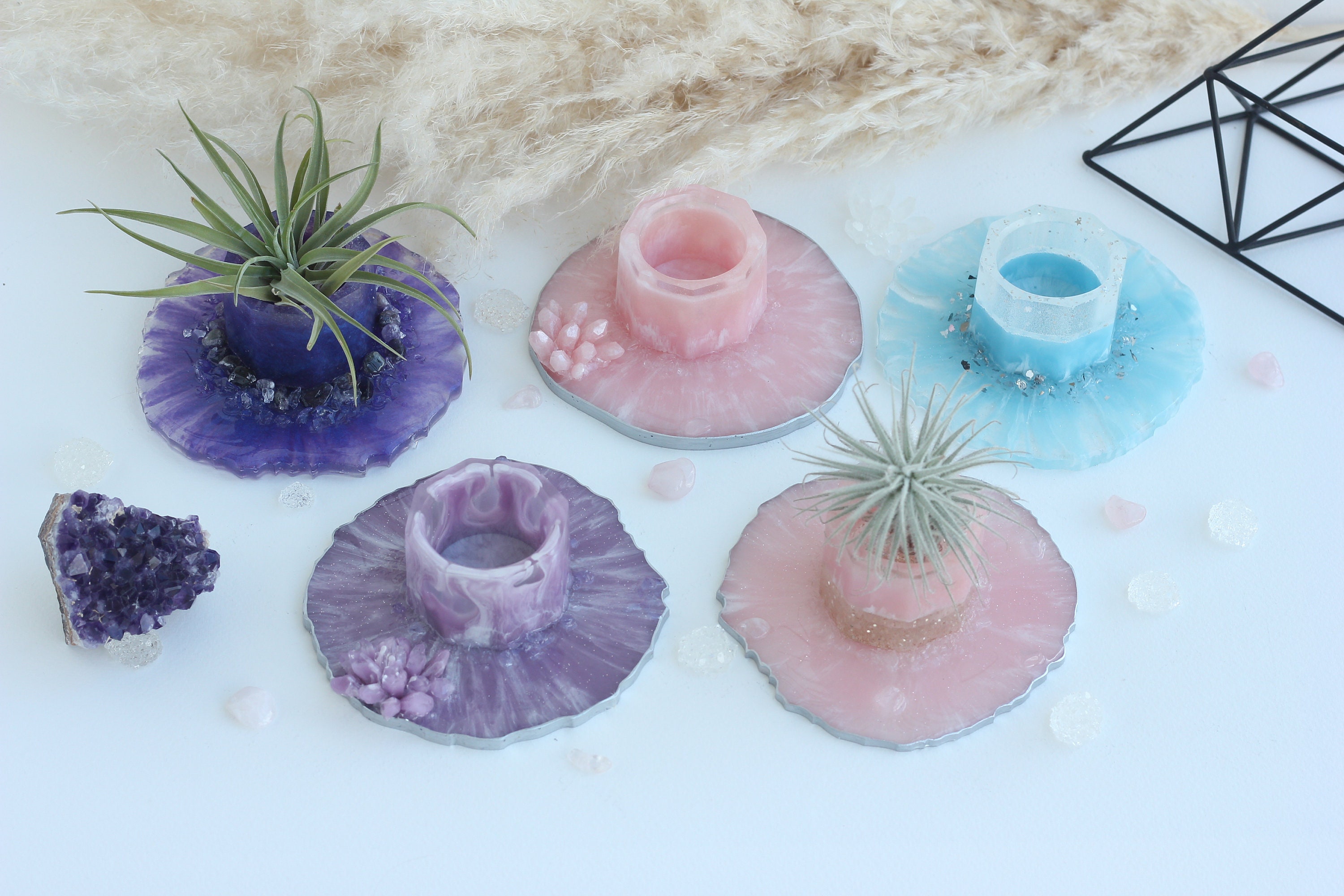 Crystal business card holder Purple air plant holder Geode planter with Cell phone stand Desk organizer for women Custom Plant stand