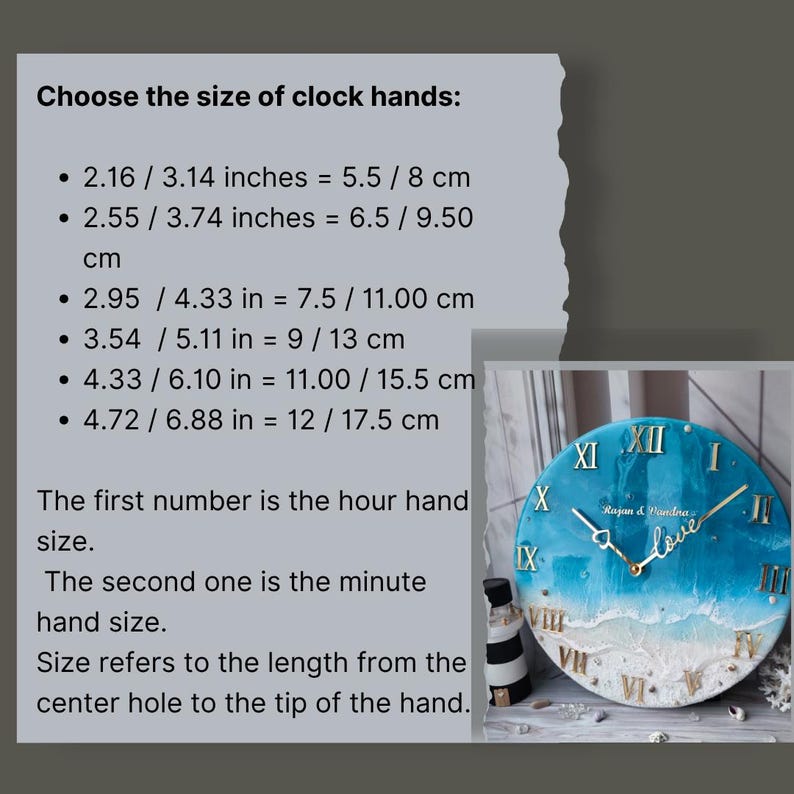 May include: A round wall clock with a blue and white ocean-themed design. The clock face features Roman numerals and gold-colored hands. The image also includes text detailing clock hand sizes, ranging from 2.16/3.14 inches to 4.72/6.88 inches.