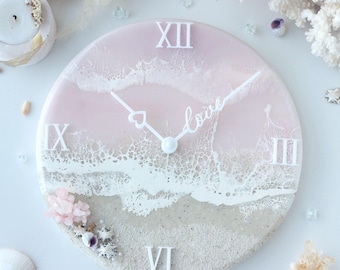 Pink Ocean Resin Wall Clock, Coastal Beach Decor for Nursery or Girls Room