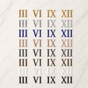 Può includere: Una collezione di numeri romani per orologi in vari colori metallici e tinta unita, tra cui oro, argento, blu, rame, nero, marrone, bianco e nero. I numeri sono disposti in righe e colonne su sfondo bianco.