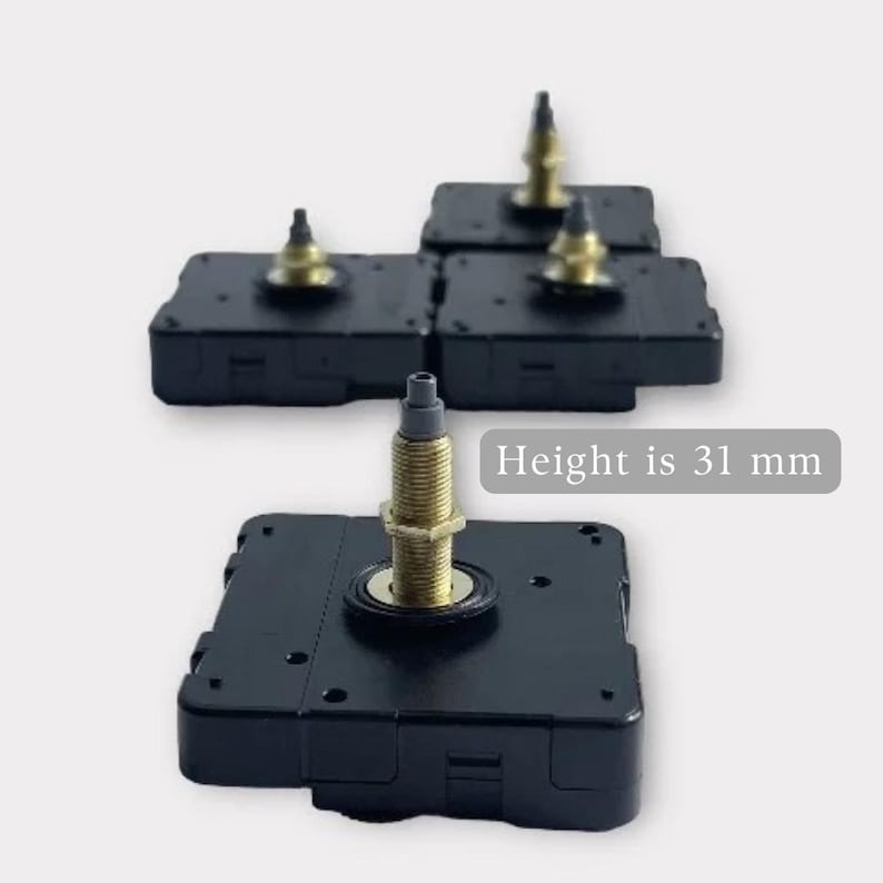 May include: Four black clock movement mechanisms with gold-colored gears and a black shaft. The height of each mechanism is 31 mm.  Height is 31 mm.