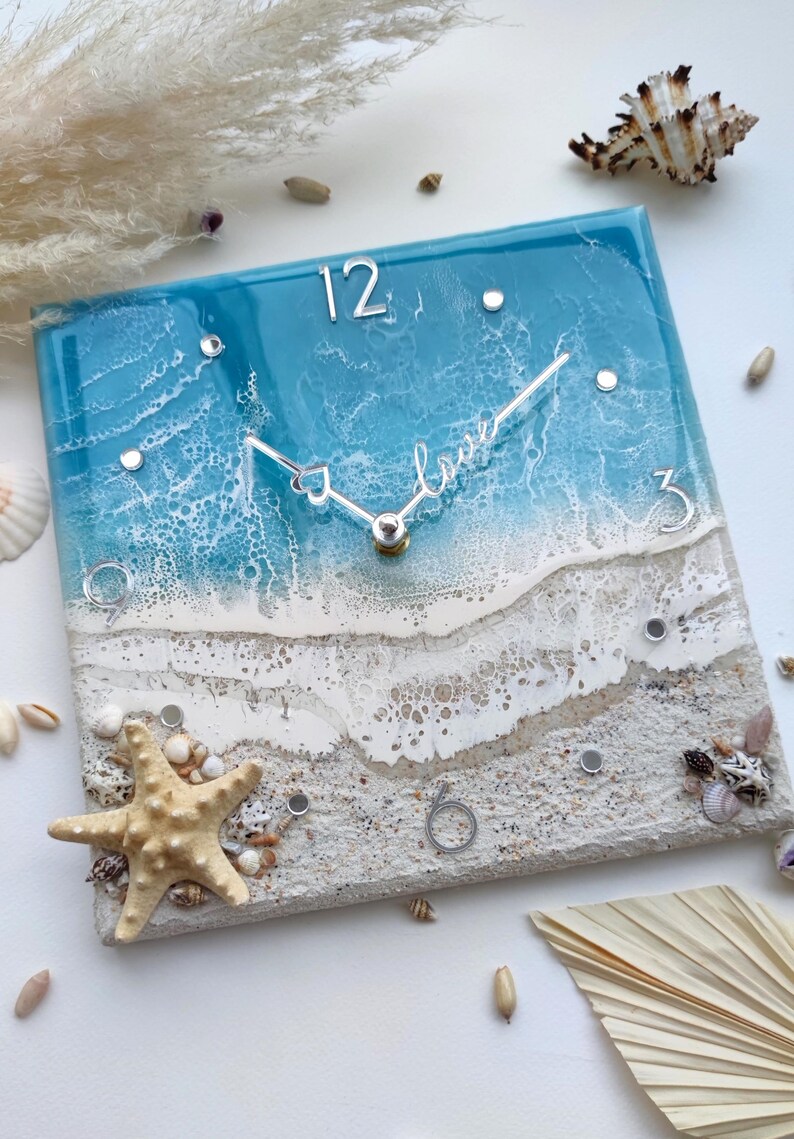 Beach Resin Wall Clock, Coastal Wall Art Decor, Ocean Nursery Decor Family Gift image 3