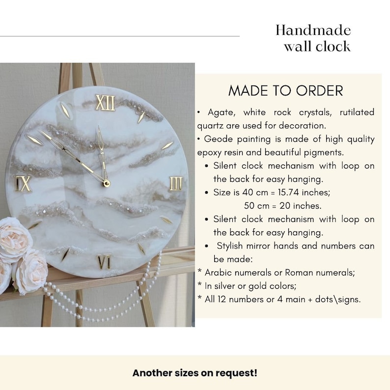 May include: Handmade wall clock with a geode design. The clock features gold-colored Roman numerals and hands, set against a white and beige marbled background. The clock is 20 inches in diameter.