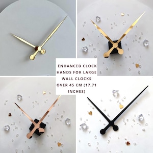 May include: Four close-up images of clock hands for large wall clocks over 45 cm (17.71 inches). The images show gold and black clock hands on a white background with decorative accents.