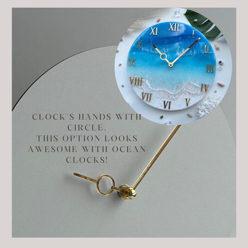 May include: A white clock face with blue and white ocean waves and gold Roman numeral hour markers. The clock hands are gold and are set to 12:00. The clock is mounted on a white wall. "CLOCK'S HANDS WITH CIRCLE. THIS OPTION LOOKS AWESOME WITH OCEAN CLOCKS!" is written below the clock.