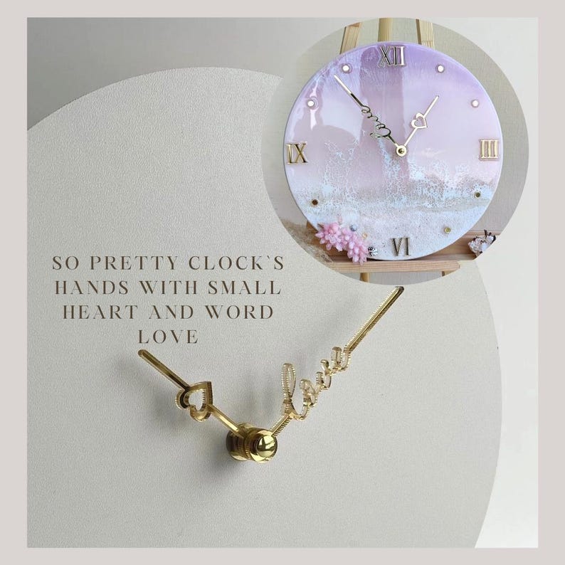 May include: A white and purple clock with gold hands and Roman numeral markings. The clock face has a white and gray textured design. The hands are shaped like a heart and the word "love".
