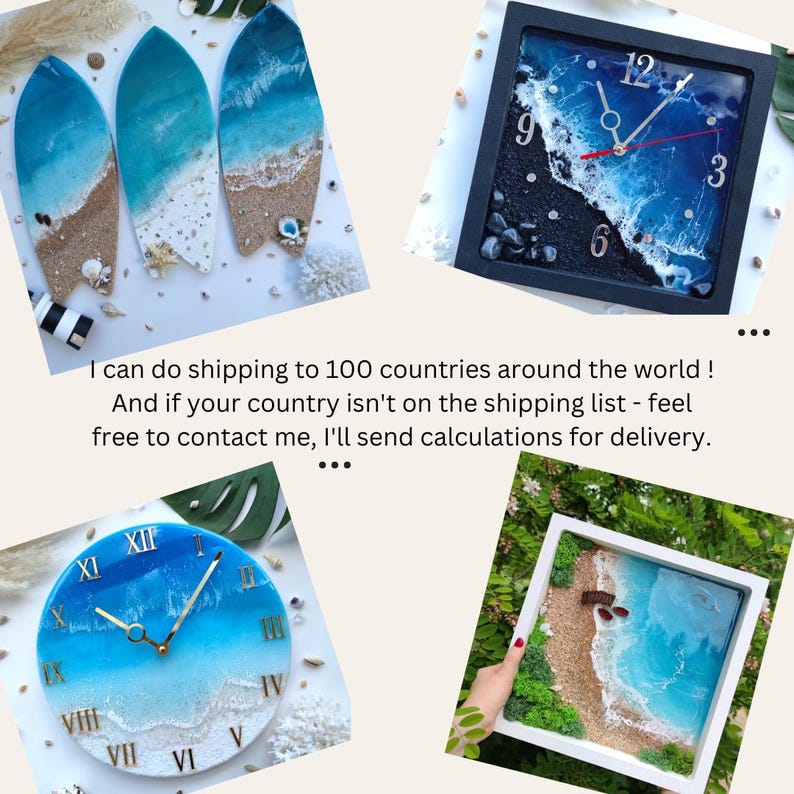 May include: Three resin surfboard clocks with ocean wave designs. The clocks have Roman numeral markings and are framed in white. The clocks are displayed on a white surface.