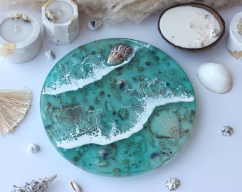 Ocean resin tray with shells, Candle centerpiece display, Ocean wave bathroom tray, Vanity tray, Round perfume display, Dispenser Tray