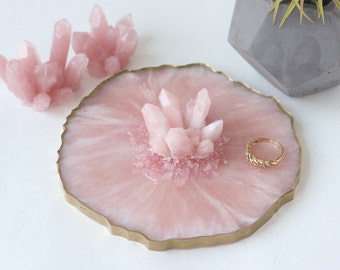 Pink crystal ring holder, Resin ring holder dish, Rose quartz ring holder, Ring organizer, Wedding ring dish, Crystal ring dish Trinket tray