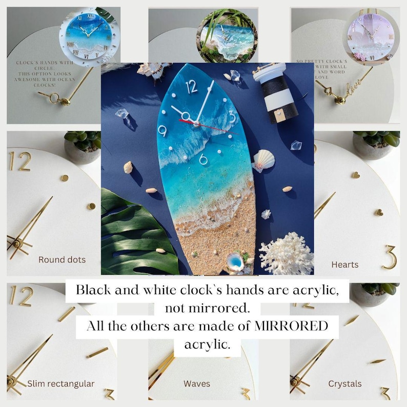 May include: A collection of decorative clocks with various designs. One clock features a surfboard shape with a beach scene. Other clocks have ocean, floral, and abstract themes. The clock hands are gold-colored, and the clock faces are white.