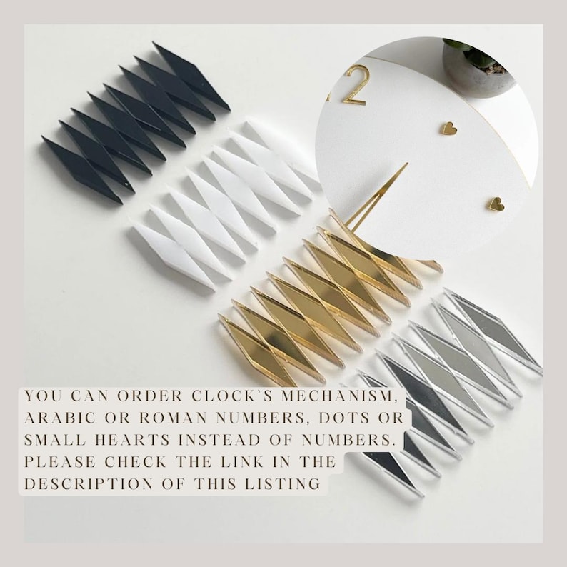 May include: A close-up of four sets of clock hands in different colors: black, white, gold, and silver. The hands are shaped like diamonds and are arranged in a row. The text below reads: "YOU CAN ORDER CLOCK'S MECHANISM, ARABIC OR ROMAN NUMBERS, DOTS OR SMALL HEARTS INSTEAD OF NUMBERS. PLEASE CHECK THE LINK IN THE DESCRIPTION OF THIS LISTING"