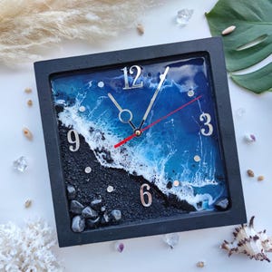 Relógio de resina para escritório, decoração de parede para casa e praia, relógio quadrado de epóxi, presente de aniversário, relógio personalizado do Mar Negro, presente de aniversário para marido