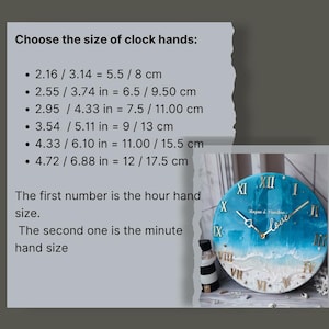 May include: A round wall clock with a blue and white ocean-themed design. The clock features gold Roman numerals and hands. Text on the image reads, "Choose the size of clock hands:" and lists measurements in inches and centimeters.
