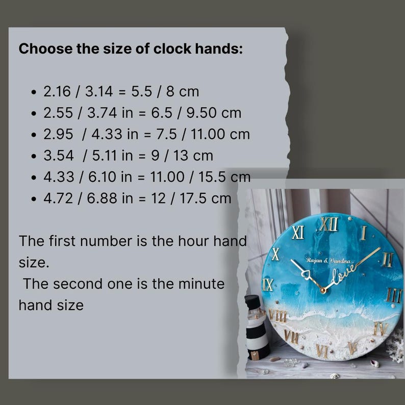 May include: A round wall clock with a blue and white ocean-themed design. The clock features gold Roman numerals and hands. Text on the image reads, "Choose the size of clock hands:" and lists measurements in inches and centimeters.