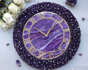 Purple Resin Wall Clock: Amethyst Epoxy Wall Art Hanging, Modern Geode Home Office Decor