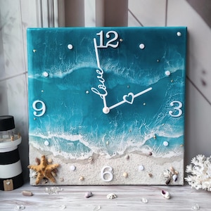 Beach Resin Clock Ocean Theme Resin Clocks for Wall Personalized Anniversary Gift For Couple Unique Coastal Room Wall Decor Sea Wave Clock