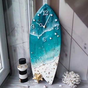 Horloge murale de plage en résine, planche de surf, horloge époxy Ocean Wave, décoration de salle de jeu côtière