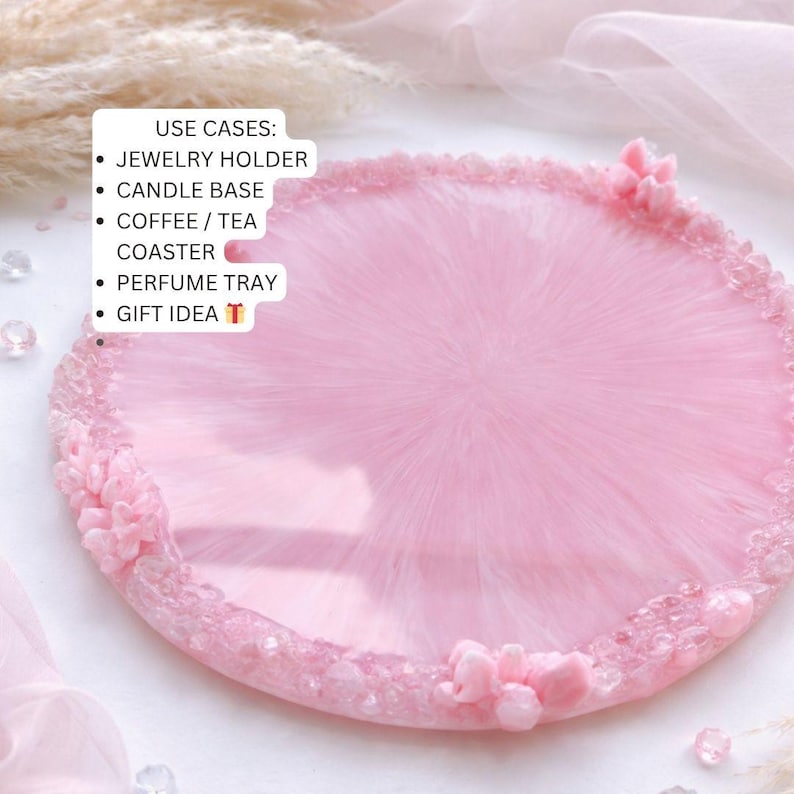 Rose Quartz Resin Tray, Pink Perfume Organizer For Dresser, Crystal Vanity Display Home Decor image 3