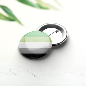 Può includere: Un bottone verde, bianco, grigio e nero con uno spillo sul retro. Il bottone presenta i colori della bandiera del pride genderqueer.