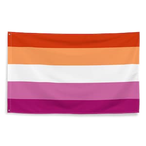 Può includere: Una bandiera del pride lesbico con cinque strisce orizzontali nei colori arancione, pesca, bianco, rosa chiaro e rosa scuro.