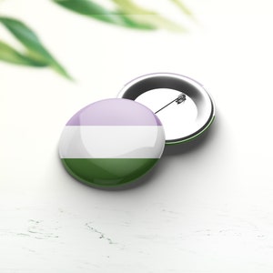 Può includere: Un bottone rotondo con un design a strisce viola, bianco e verde. Il bottone ha una spilla argentata sul retro.