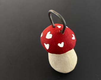 Hand Carved Wood Mushroom Keyring: Red Toadstool with White Hearts