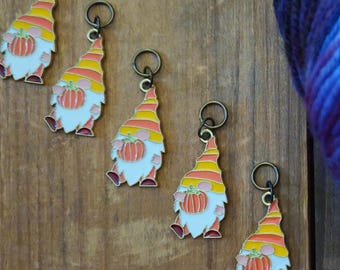 5 Gnome Charms for Stitch Markers, Zipper Pulls, Crazy Quilts, Jewelry Making Crafts Knit Crochet Sew Unique OOAK Pumpkin Fall Autumn