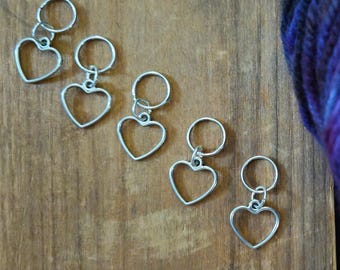 5 Heart Charms for Stitch Markers, Zipper Pulls, Crazy Quilts, Jewelry Making & Crafts Unique Knit Crochet Sew OOAK Silver Cute Love
