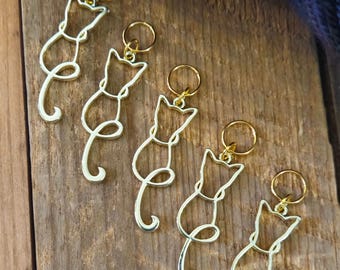 5 Cat Charms for Stitch Markers, Zipper Pulls, Crazy Quilts, Jewelry Making Crafts. Adorable Unique OOAK Knit Crochet Sew Gold Kitten Kitty