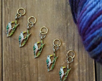 5 Bird Charms for Stitch Markers, Zipper Pulls, Crazy Quilts, Jewelry Making & Crafts Knit Crochet Sew Unique OOAK Funky Boho Woodpecker