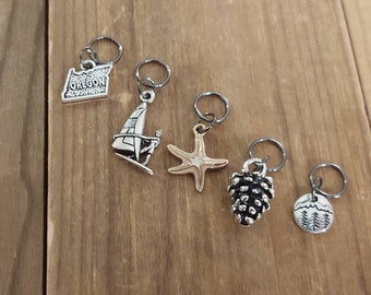5 Oregon Charms for Stitch Markers, Zipper Pulls, Crazy Quilts, Jewelry Making & Crafts Unique Pacific Northwest Ocean Mountains