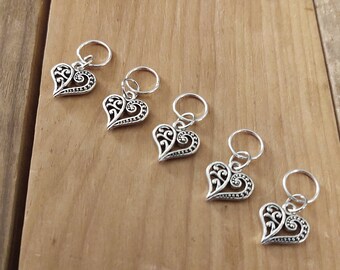 5 Heart Charms for Stitch Markers, Zipper Pulls, Crazy Quilts, Jewelry Making & Crafts Unique Knit Crochet Quilt OOAK Silver Cute Love