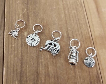 5 Camper Charms for Stitch Markers, Zipper Pulls, Crazy Quilts, Jewelry Making & Crafts. Adorable. Unique Funky RV Camping Travel Adventure