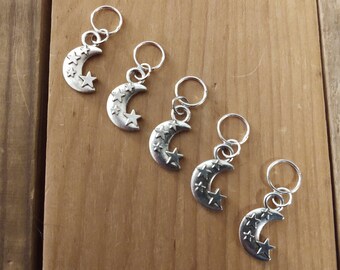 5 Moon and Stars Charms for Stitch Markers, Zipper Pulls, Crazy Quilts, Jewelry Making & Crafts. Adorable. Unique OOAK Space Celestial Boho