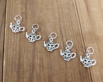 5 Teapot Charms for Stitch Markers, Zipper Pulls, Crazy Quilts, Jewelry Making & Crafts Unique Knit Crochet Quilt Tea Time