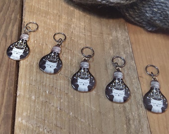 5 Cat Charms for Stitch Markers, Zipper Pulls, Crazy Quilts, Jewelry Making Crafts Unique Knit Crochet Kitty Feline Friend Purr Black White
