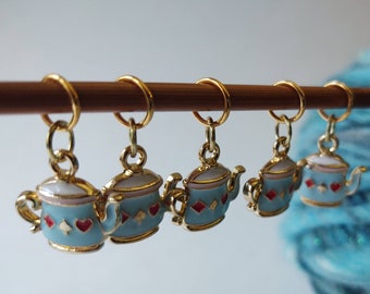 5 Teapot Charms for Stitch Markers, Zipper Pulls, Crazy Quilts, Jewelry Making & Crafts. Adorable. Unique and One of A Kind Teatime Blue