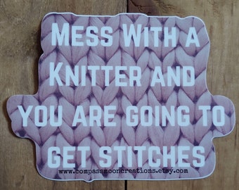 Knitting Vinyl Sticker.  Outdoor Quality, UV Resistant.  Knit Yarn Craft.  Put on cars, water bottles, luggage...anything!
