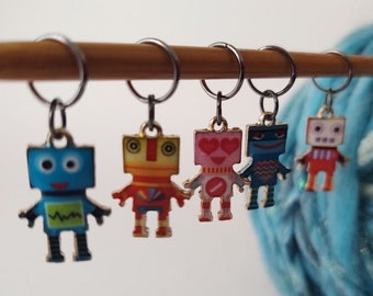 5 Robot Charms for Stitch Markers, Zipper Pulls, Crazy Quilts, Jewelry Making & Crafts. Adorable Unique OOAK Knit Crochet Quilt Funky
