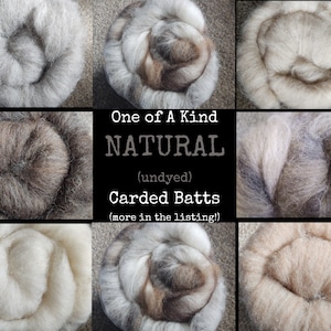 Puede incluir: Nueve diferentes vellones de lana natural cardados. Los vellones están enrollados y muestran los diferentes tonos de marrón, blanco y gris. El texto "One of A Kind NATURAL (undyed) Carded Batts (more in the listing!)" está en el centro de la imagen.