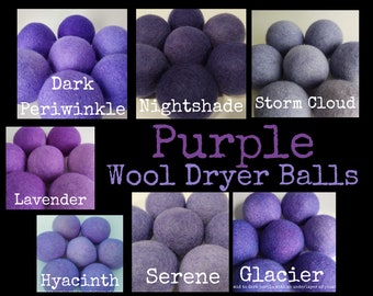 Wool Dryer Balls. Purples. Set of 3. Natural Undyed & Beautifully Hand Dyed. Better for your home. Laundry Supplies. Try As A Dog or Cat Toy