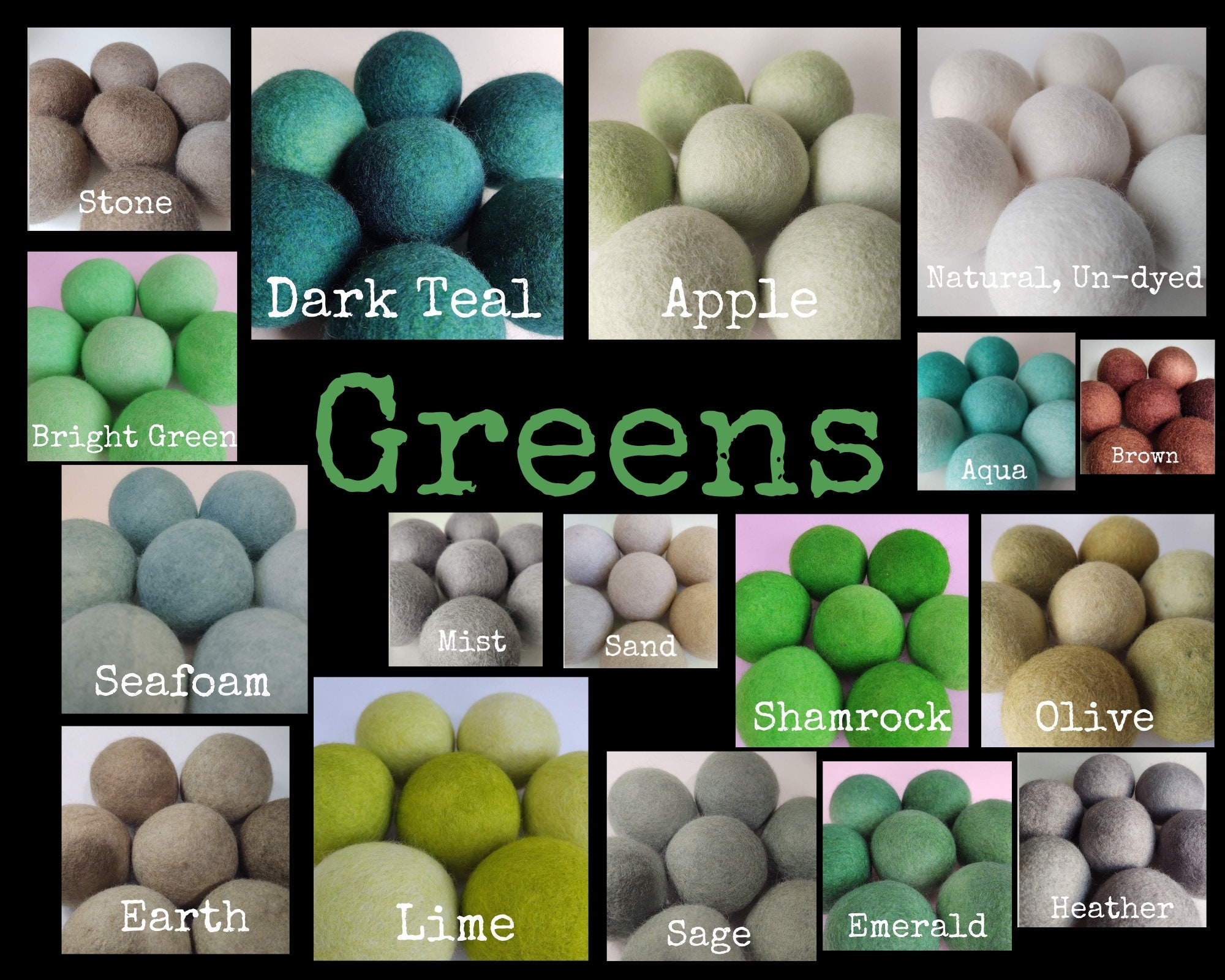 Wool Dryer Balls. Greens. Set of 3. Natural Undyed & Beautifully Hand…