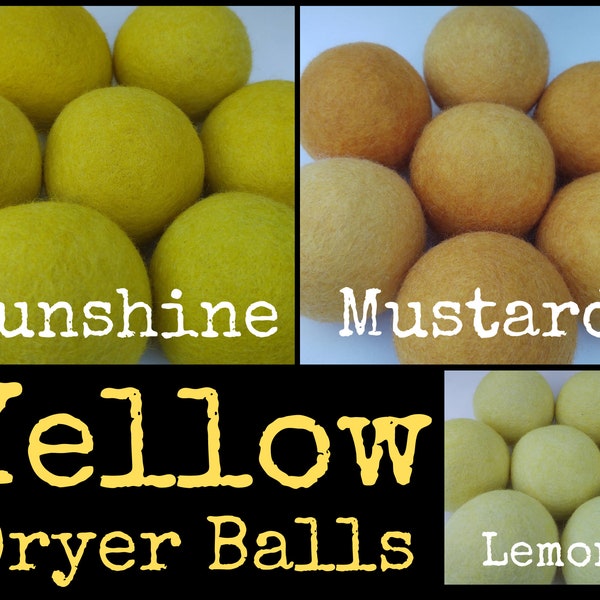 Wool Dryer Balls. Yellows. Set of 3. Beautifully Hand Dyed. Better for your home. Laundry Supplies. Try As A Dog/Cat Toy. Mustard Lemon Sun