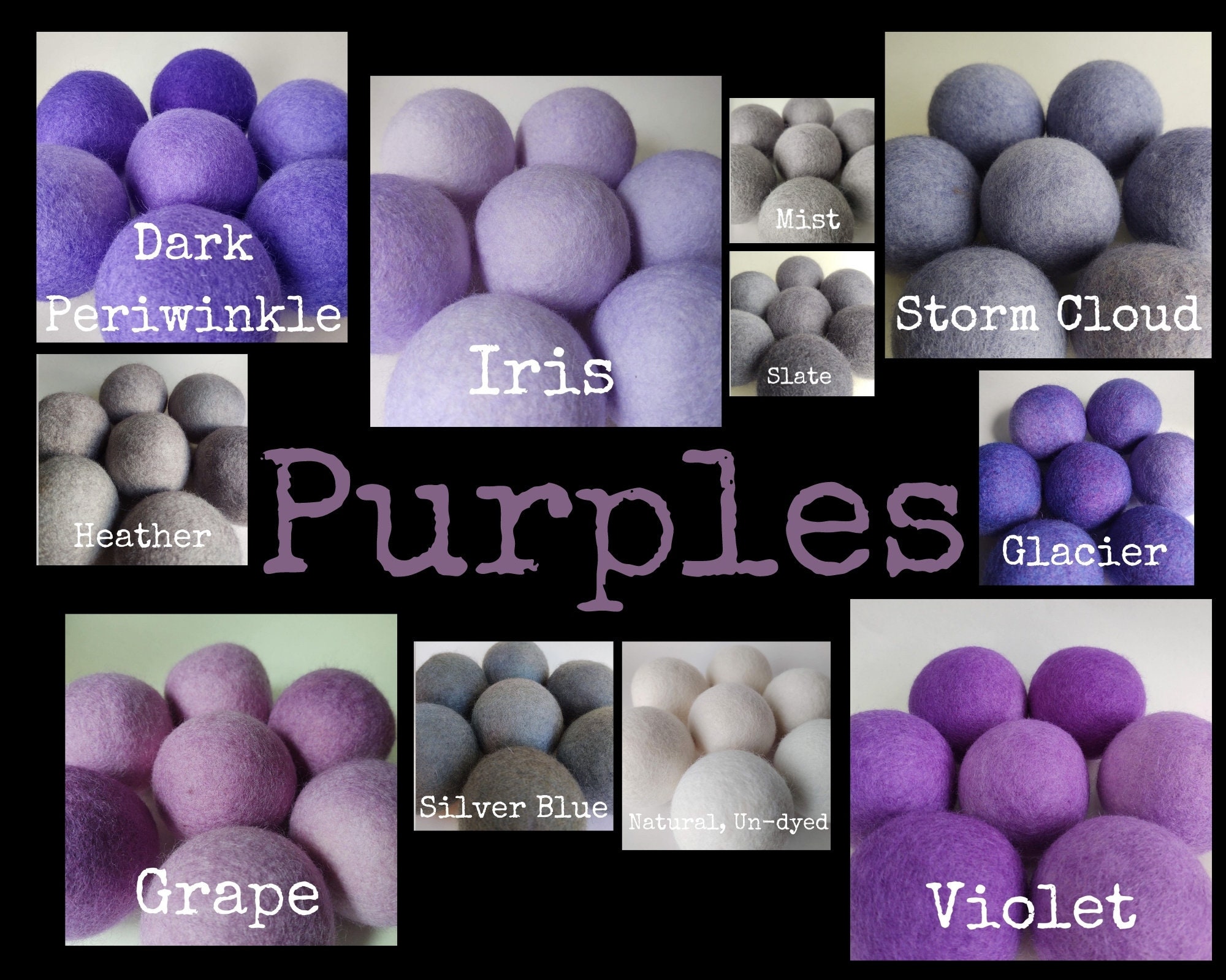 Wool Dryer Balls. Purples. Set of 3. Natural Undyed & Beautifully Han…