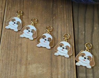 5 Dog Charms for Stitch Markers, Zipper Pulls, Crazy Quilts, Jewelry Making & Crafts. Adorable. Unique OOAK Knit Crochet Set Shih Tzu Puppy