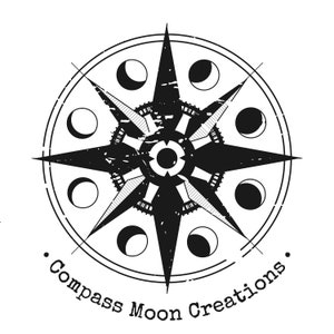May include: Black and white illustration of a compass with a six-pointed star in the center. The compass is surrounded by eight moons in different phases. The text "Compass Moon Creations." is below the compass.